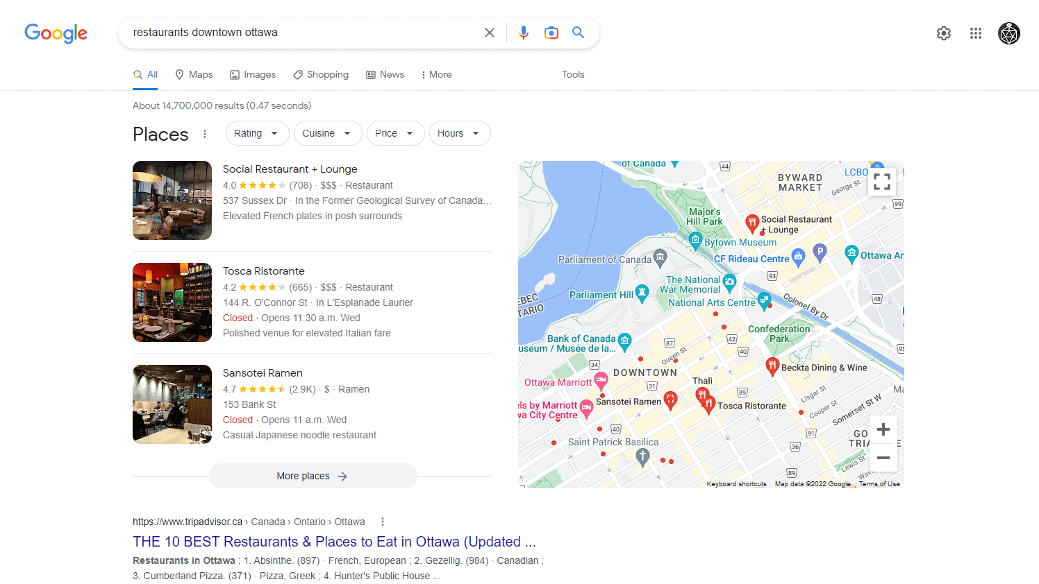 Ottawa Restaurant Google Ranking
