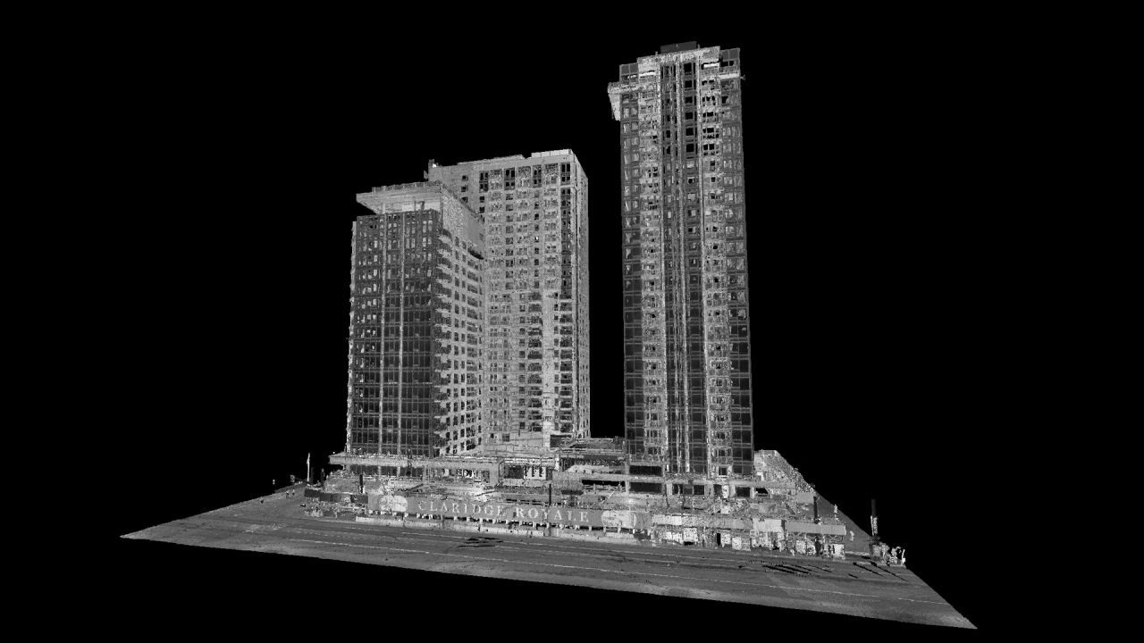 Black and white pointcloud of a high-rise residential development.